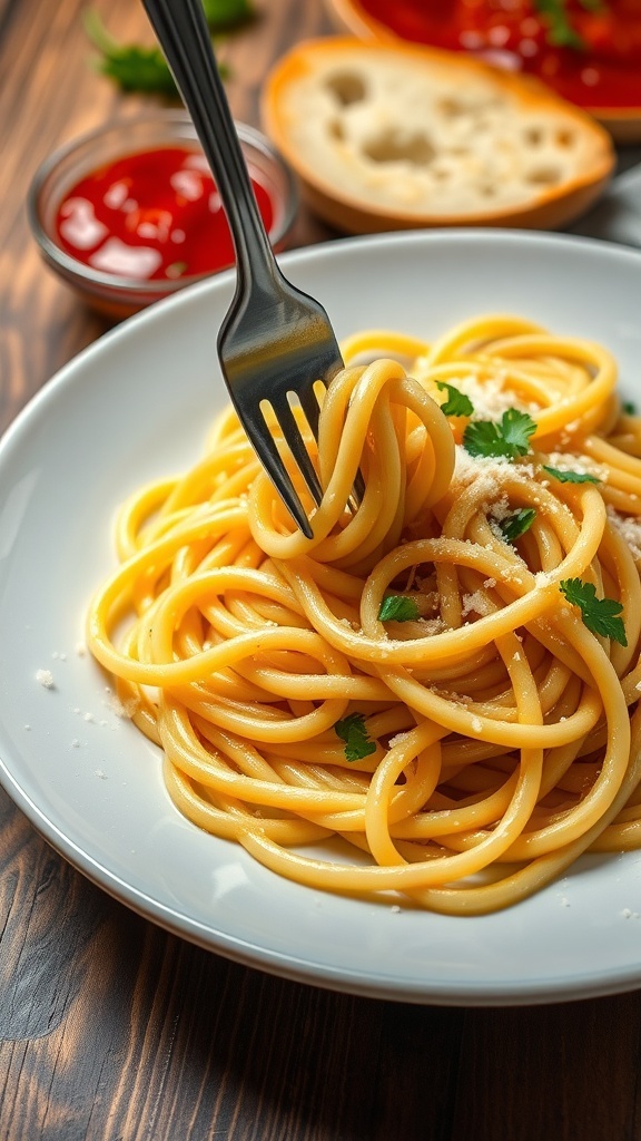 A plate of spaghetti noodles garnished with Parmesan cheese and parsley, served with marinara sauce and garlic bread.